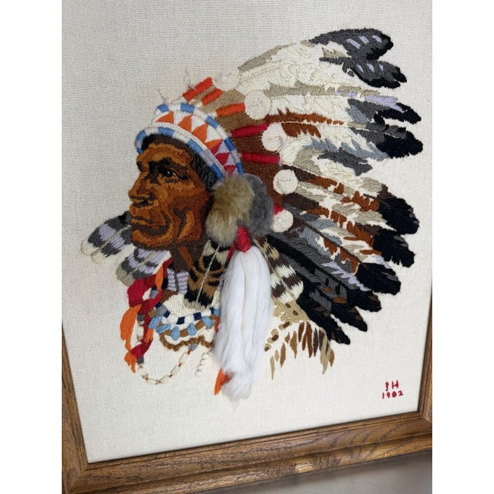 Vintage Crewel Embroidered Native American Chief Textile Art 22in X 18in